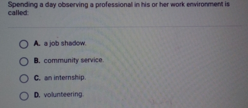 Spending a day observing a professional in his or her work environment is
called:
A. a job shadow.
B. community service.
C. an internship.
D. volunteering.