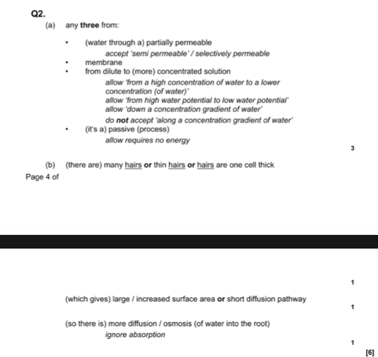 any three from:
(water through a) partially permeable
accept 'semi permeable’ / selectively permeable
membrane
from dilute to (more) concentrated solution
allow ‘from a high concentration of water to a lower
concentration (of water)'
allow ‘from high water potential to low water potential’
allow ‘down a concentration gradient of water’
do not accept ‘along a concentration gradient of water’
(it's a) passive (process)
allow requires no energy
3
(b) (there are) many hairs or thin hairs or hairs are one cell thick
Page 4 of
1
(which gives) large / increased surface area or short diffusion pathway
1
(so there is) more diffusion / osmosis (of water into the root)
ignore absorption
1
[6]