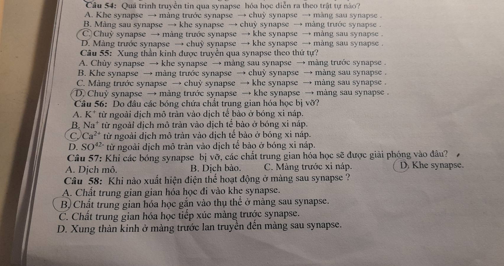 Quá trình truyền tin qua synapse hóa học diễn ra theo trật tự nào?
A. Khe synapse → màng trước synapse → chuỳ synapse → màng sau synapse .
B. Màng sau synapse → khe synapse → chuỳ synapse → màng trước synapse .
C)Chuỳ synapse → màng trước synapse → khe synapse → màng sau synapse .
D. Màng trước synapse → chuỳ synapse → khe synapse → màng sau synapse .
Câu 55: Xung thần kinh được truyền qua synapse theo thứ tự?
A. Chùy synapse → khe synapse → màng sau synapse → màng trước synapse .
B. Khe synapse → màng trước synapse → chuỳ synapse → màng sau synapse .
C. Màng trước synapse → chuỳ synapse → khe synapse → màng sau synapse .
D. Chuỳ synapse → màng trước synapse → khe synapse → màng sau synapse .
Câu 56: Do đâu các bóng chứa chất trung gian hóa học bị vỡ?
A. K* từ ngoài dịch mô tràn vào dịch tế bào ở bóng xi náp.
B. Na^+ từ ngoài dịch mô tràn vào dịch tế bào ở bóng xi náp.
C, Ca^(2+) từ ngoài dịch mô tràn vào dịch tế bào ở bóng xi náp.
D. SO^(42-) từ ngoài dịch mô tràn vào dịch tế bào ở bóng xi náp.
Câu 57: Khi các bóng synapse bị vỡ, các chất trung gian hóa học sẽ được giải phóng vào đâu?
A. Dịch mô. B. Dịch bào. C. Màng trước xi náp.
D. Khe synapse.
Câu 58: Khi nào xuất hiện điện thế hoạt động ở màng sau synapse ?
A. Chất trung gian gian hóa học đi vào khe synapse.
B) Chất trung gian hóa học gắn vào thụ thể ở màng sau synapse.
C. Chất trung gian hóa học tiếp xúc màng trước synapse.
D. Xung thàn kinh ở màng trước lan truyền đến màng sau synapse.