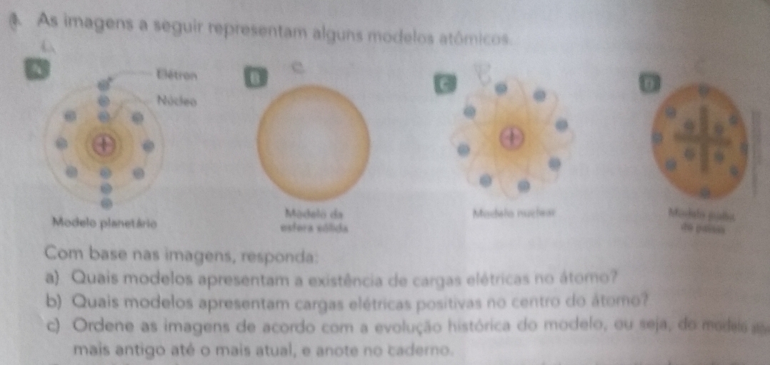 As imagens a seguir representam alguns modelos atômicos 

Modalo puls 
Modelo planetário 
do paísio 
Com base nas imagens, responda: 
a). Quais modelos apresentam a existência de cargas elétricas no átomo? 
b) Quais modelos apresentam cargas elétricas positivas no centro do átomo? 
c) Ordene as imagens de acordo com a evolução histórica do modelo, ou seja, do modeisa 
mais antigo até o mais atual, e anote no caderno.