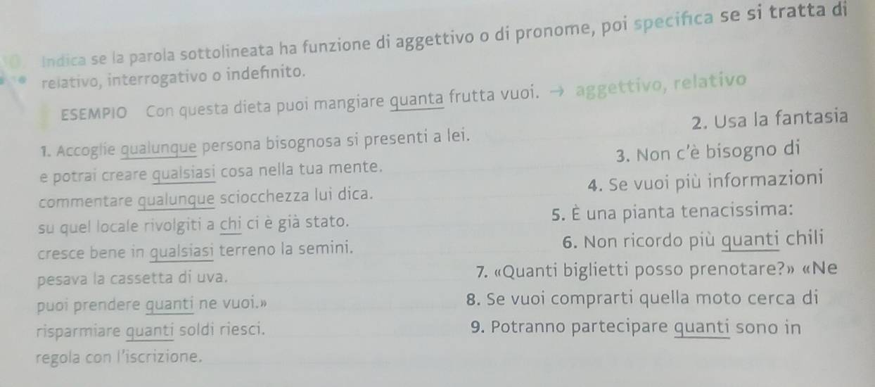 Indica se la parola sottolineata ha funzione di aggettivo o di pronome, poi specifica se si tratta di 
relativo, interrogativo o indefnito. 
ESEMPIO Con questa dieta puoi mangiare quanta frutta vuoi. → aggettivo, relativo 
1. Accoglie qualunque persona bisognosa si presenti a lei. 2. Usa la fantasia 
e potrai creare qualsiasi cosa nella tua mente. 3. Non c'è bisogno di 
commentare gualunque sciocchezza lui dica. 4. Se vuoi più informazioni 
su quel locale rivolgiti a chị ci è già stato. 5. É una pianta tenacissima: 
cresce bene in gualsiasi terreno la semini. 6. Non ricordo più quanti chili 
pesava la cassetta di uva. 7. «Quanti biglietti posso prenotare?» «Ne 
puoi prendere guanti ne vuoi.» 8. Se vuoi comprarti quella moto cerca di 
risparmiare guanti soldi riesci. 9. Potranno partecipare quanti sono in 
regola con l’iscrizione.