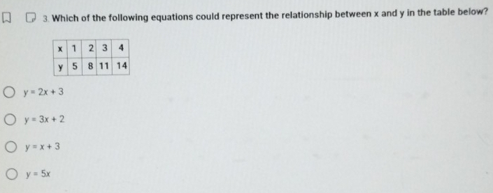 Which of the following equations could represent the relationship between x and y in the table below?
y=2x+3
y=3x+2
y=x+3
y=5x