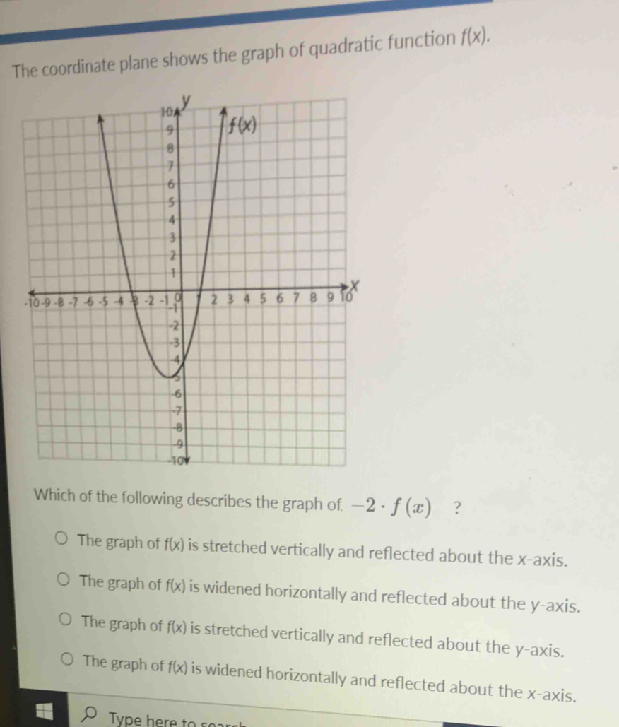 The coordinate plane shows the graph of quadratic function f(x).
Which of the following describes the graph of. -2· f(x) ？
The graph of f(x) is stretched vertically and reflected about the x-axis.
The graph of f(x) is widened horizontally and reflected about the y-axis.
The graph of f(x) is stretched vertically and reflected about the y-axis.
The graph of f(x) is widened horizontally and reflected about the x-axis.