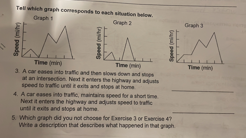 Tell which graph corresponds to each situation below. 
Graph 1 
Graph 2 Graph 3 
Time (min) Time (min) e (min) 
3. A car eases into traffic and then slows down and stops 
at an intersection. Next it enters the highway and adjusts 
speed to traffic until it exits and stops at home. 
_ 
4. A car eases into traffic, maintains speed for a short time. 
Next it enters the highway and adjusts speed to traffic 
until it exits and stops at home. 
_ 
5. Which graph did you not choose for Exercise 3 or Exercise 4? 
Write a description that describes what happened in that graph.