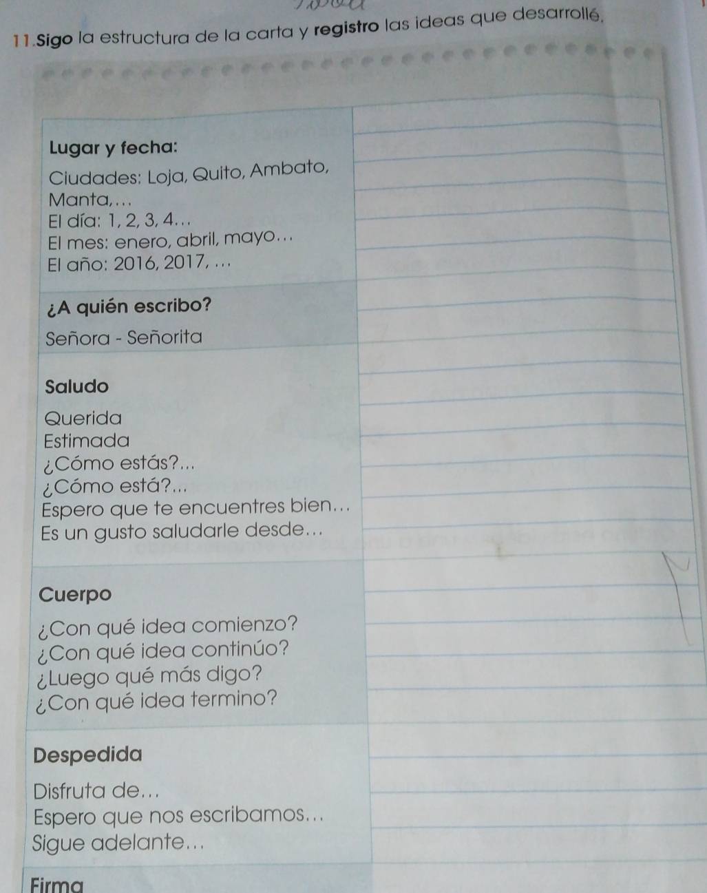 Sigo la estructura de la carta y registro las ideas que desarrollé,
¿
¿
D
D
E
S
Firma