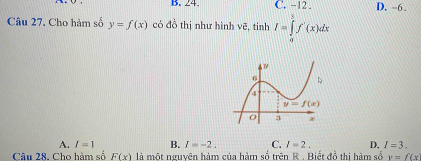 B. 24. C. -12 . D. -6 .
Câu 27. Cho hàm số y=f(x) có đồ thị như hình vẽ, tinhI=∈tlimits _0^3f'(x)dx
A. I=1 B. I=-2. C. I=2. D. I=3.
Câu 28. Cho hàm số F(x) là một nguyên hàm của hàm số trên R . Biết đồ thị hàm số y=f(x)