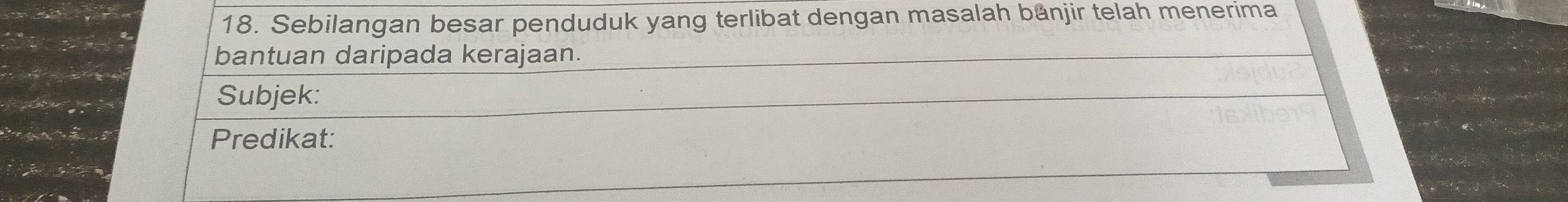 Sebilangan besar penduduk yang terlibat dengan masalah bänjir telah menerima 
bantuan daripada kerajaan. 
Subjek: 
Predikat: