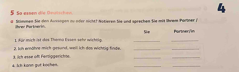 4 
5 So essen die Deutschen. 
a Stimmen Sie den Aussagen zu oder nicht? Notieren Sie und sprechen Sie mit Ihrem Partner / 
Ihrer Partnerin. 
Sie Partner/in 
1. Für mich ist das Thema Essen sehr wichtig. 
_ 
_ 
2. Ich ernähre mich gesund, weil ich das wichtig finde._ 
_ 
3. Ich esse oft Fertiggerichte. 
_ 
_ 
4. Ich kann gut kochen. 
_ 
_