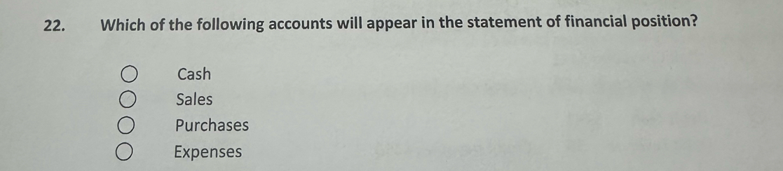 Which of the following accounts will appear in the statement of financial position?
Cash
Sales
Purchases
Expenses