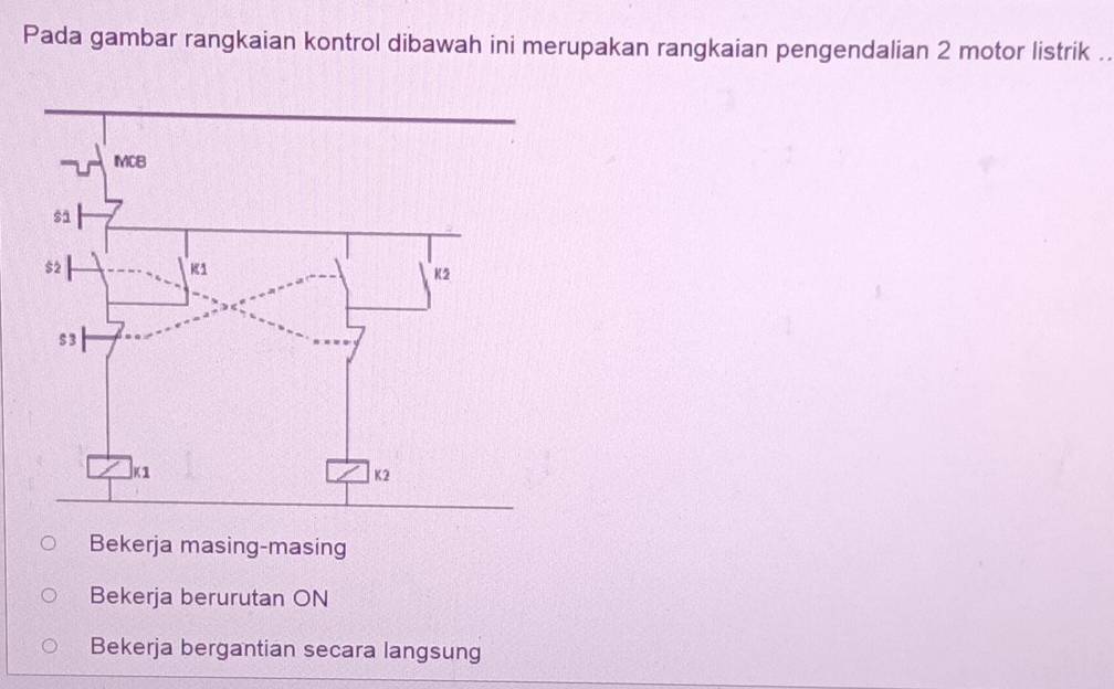 Pada gambar rangkaian kontrol dibawah ini merupakan rangkaian pengendalian 2 motor listrik ..
Bekerja masing-masing
Bekerja berurutan ON
Bekerja bergantian secara langsung