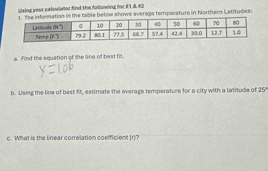 Using your calculator find the following for #1 & #2
mation in the table below shows average temperature in Northern Latitudes:
a. Find the equation of the line of best fit.
b. Using the line of best fit, estimate the average temperature for a city with a latitude of 25°
c. What is the linear correlation coefficient (r)?