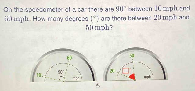 Solved: On the speedometer of a car there are 90° between 10 mph and 60 ...