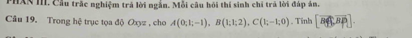 PHAN III. Cầu trắc nghiệm trả lời ngắn. Mỗi câu hồi thí sinh chĩ trã lời đáp án. 
Câu 19. Trong hệ trục tọa độ Oxyz , cho A(0;1;-1), B(1;1;2), C(1;-1;0). Tính [vector Boplus ,vector BP].