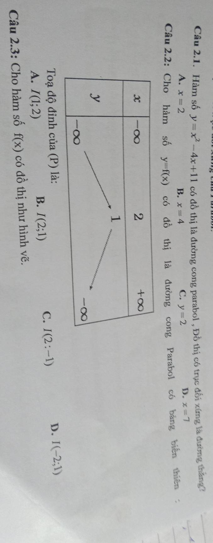 Hàm số y=x^2-4x+11 có đồ thị là đường cong parabol , Đồ thị có trục đổi xứng là đường tháng
A. x=2 B. x=4 C. y=2
D. x=7
Câu 2.2: Cho hàm số y=f(x) có đồ thị là đường cong Parabol có bảng biển thiên :
Toạ độ đỉnh của (P) là: D. I(-2;1)
C. I(2:-1)
A. I(1;2)
B. I(2;1)
Câu 2.3: Cho hàm số f(x) có đồ thị như hình vẽ.