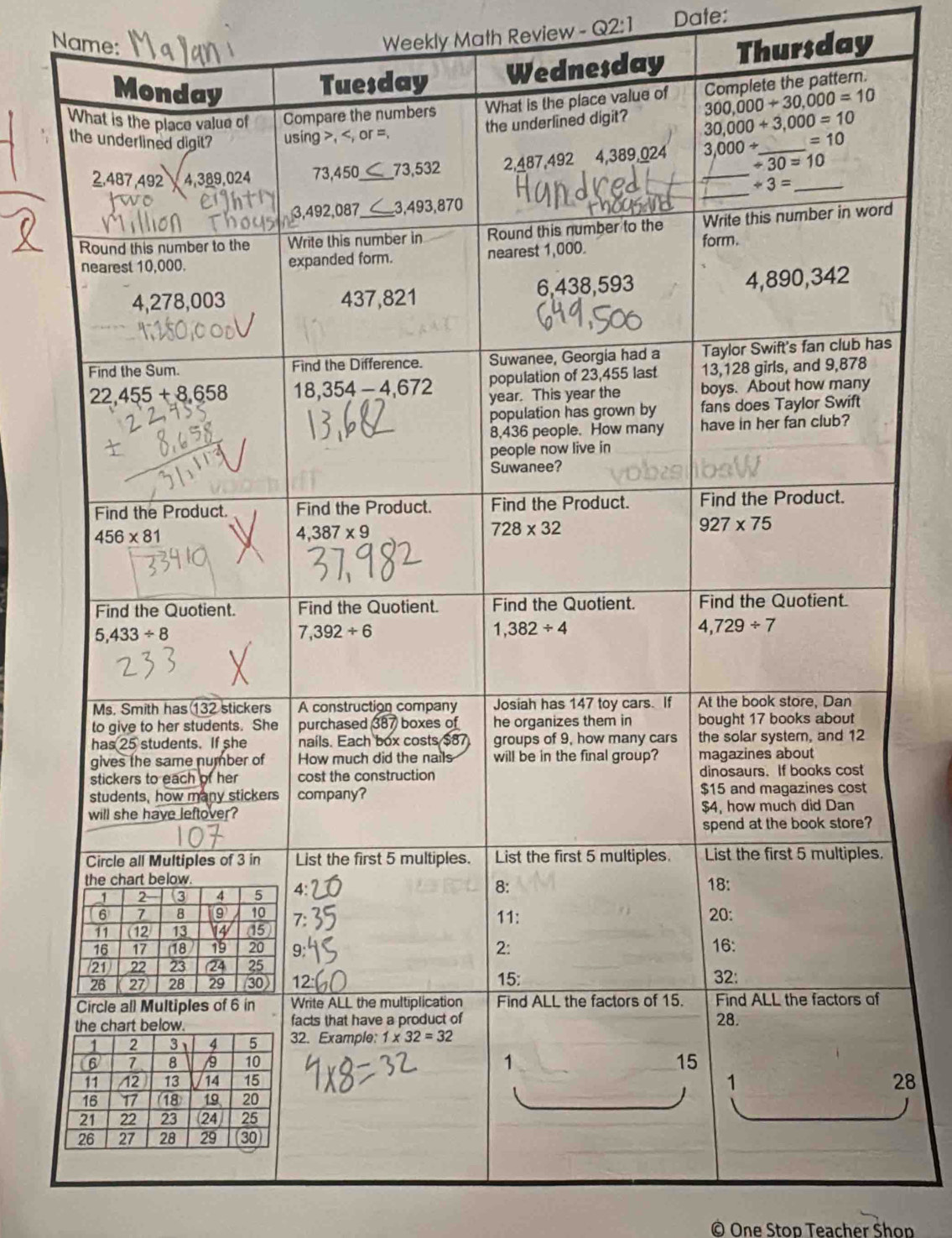 Weekly Math Review - Q2:1 Date:
Name: Thursday
28
Ô One Stop Teacher Shop