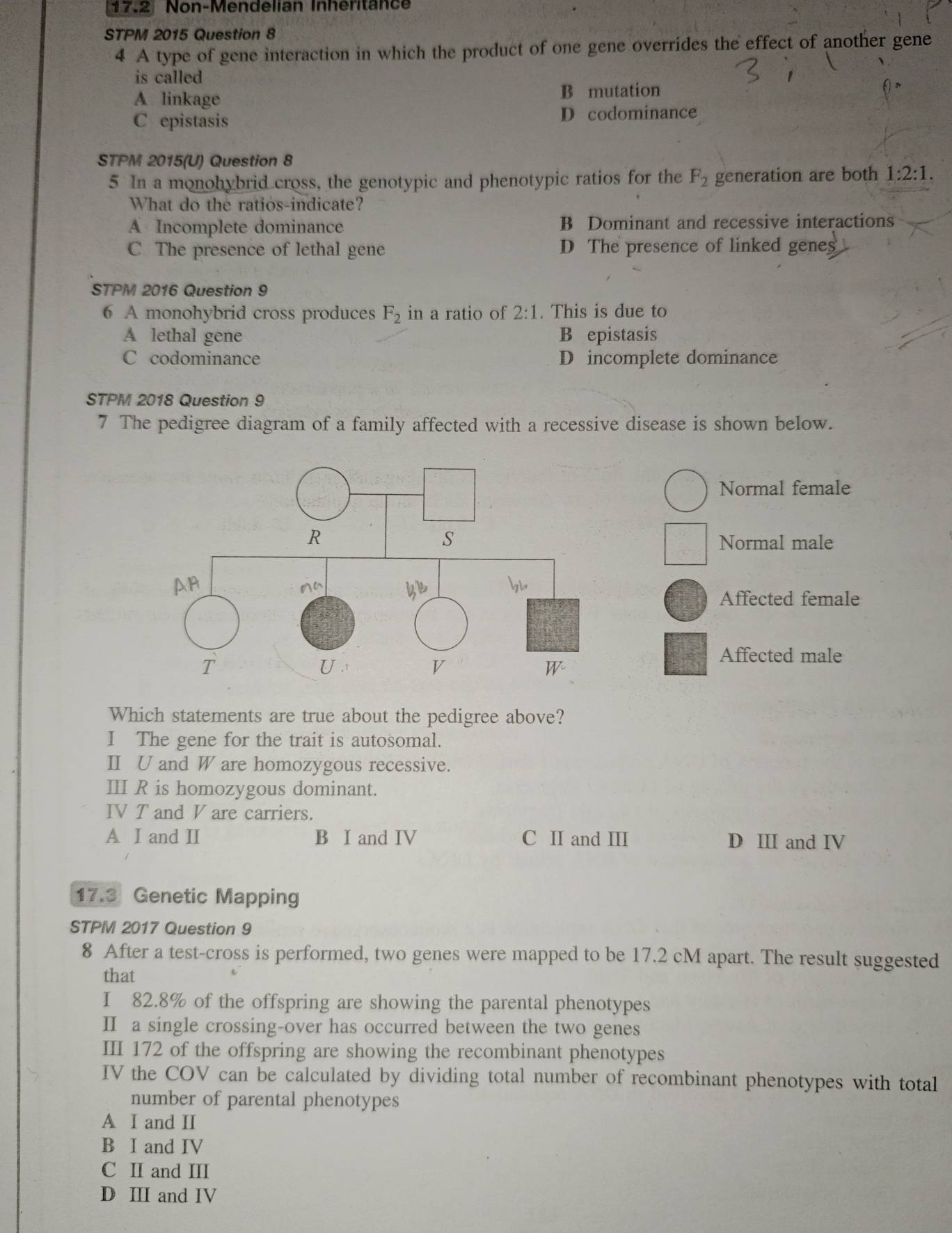 17.2 Non-Mendelian Inhéritance
STPM 2015 Question 8
4 A type of gene interaction in which the product of one gene overrides the effect of another gene
is called
A linkage B mutation
C epistasis D codominance
STPM 2015(U) Question 8
5 In a monohybrid cross, the genotypic and phenotypic ratios for the F_2 generation are both 1:2:1.
What do the ratios-indicate?
A Incomplete dominance B Dominant and recessive interactions
C The presence of lethal gene D The presence of linked genes
STPM 2016 Question 9
6 A monohybrid cross produces F_2 in a ratio of 2:1. This is due to
A lethal gene B epistasis
C codominance D incomplete dominance
STPM 2018 Question 9
7 The pedigree diagram of a family affected with a recessive disease is shown below.
Normal female
Normal male
Affected female
Affected male
Which statements are true about the pedigree above?
I The gene for the trait is autosomal.
Ⅱ U and W are homozygous recessive.
ⅢI R is homozygous dominant.
IV T and V are carriers.
A I and I B I and IV C II and III D III and IV
17.3 Genetic Mapping
STPM 2017 Question 9
8 After a test-cross is performed, two genes were mapped to be 17.2 cM apart. The result suggested
that
I 82.8% of the offspring are showing the parental phenotypes
Ⅱ a single crossing-over has occurred between the two genes
III 172 of the offspring are showing the recombinant phenotypes
IV the COV can be calculated by dividing total number of recombinant phenotypes with total
number of parental phenotypes
A I and II
B I and IV
C II and III
D III and IV