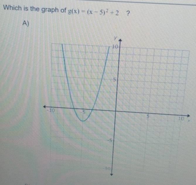 Which is the graph of g(x)=(x-5)^2+2 ? 
A)