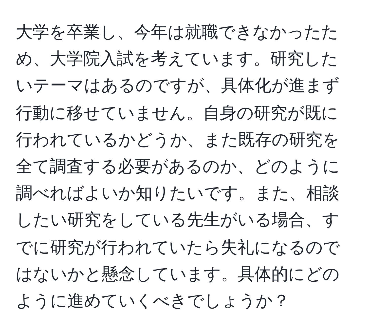 大学を卒業し、今年は就職できなかったため、大学院入試を考えています。研究したいテーマはあるのですが、具体化が進まず行動に移せていません。自身の研究が既に行われているかどうか、また既存の研究を全て調査する必要があるのか、どのように調べればよいか知りたいです。また、相談したい研究をしている先生がいる場合、すでに研究が行われていたら失礼になるのではないかと懸念しています。具体的にどのように進めていくべきでしょうか？