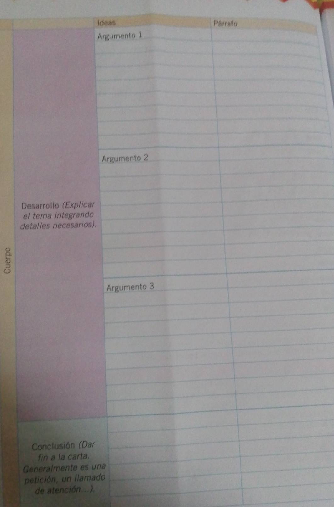 Ideas Párrafo 
Desarroll 
el tema 
detalles 
à 
Concl 
fin a 
General 
petición 
de atención...).