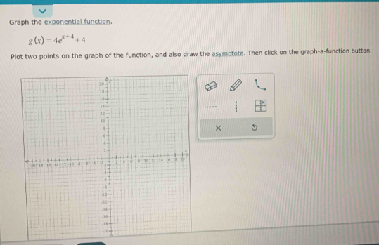 Graph the exponential function.
g(x)=4e^(x+4)+4
Plot two points on the graph of the function, and also draw the asymptote. Then click on the graph-a-function button. 
---- 
×