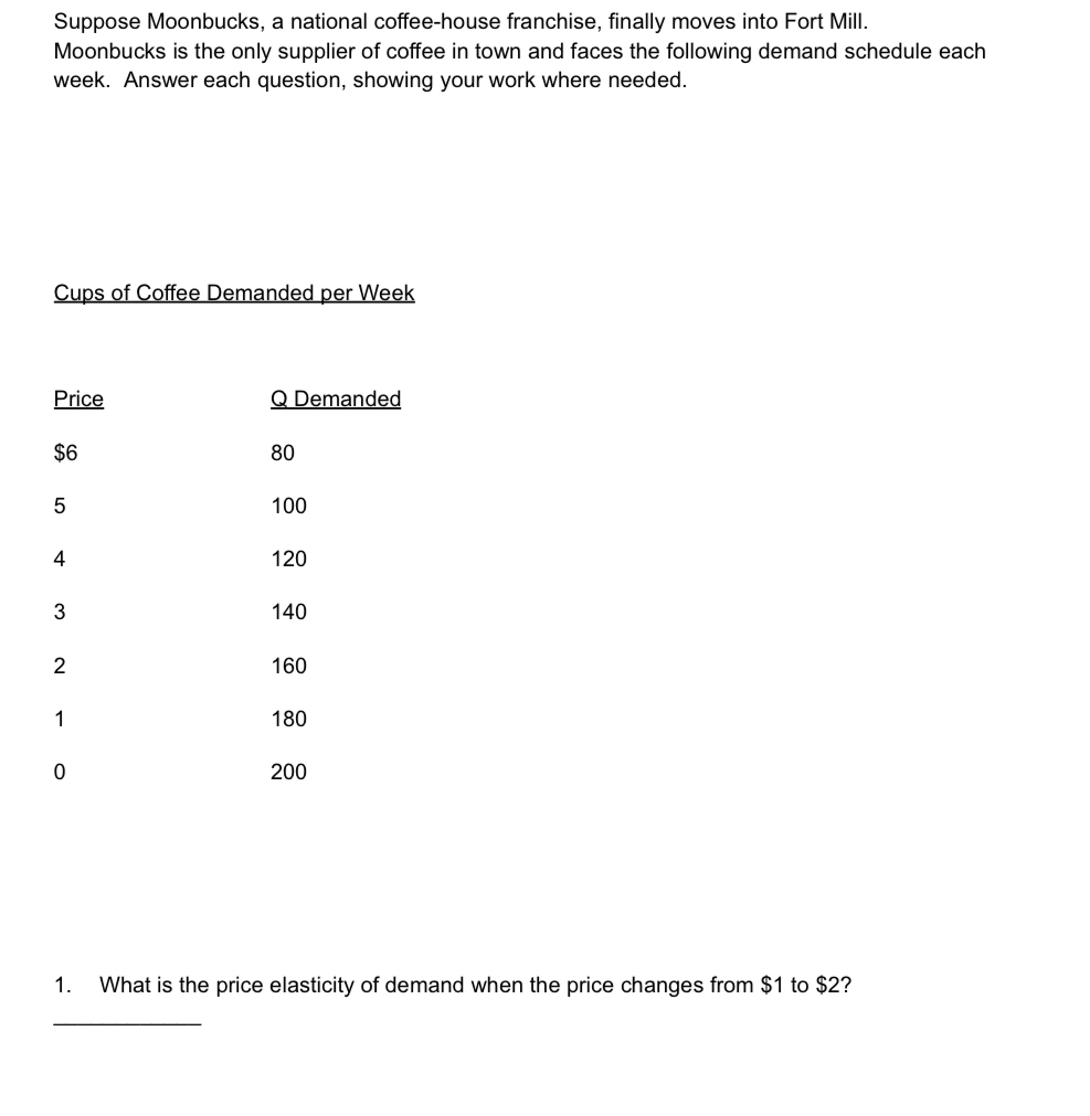 Suppose Moonbucks, a national coffee-house franchise, finally moves into Fort Mill. 
Moonbucks is the only supplier of coffee in town and faces the following demand schedule each
week. Answer each question, showing your work where needed. 
Cups of Coffee Demanded per Week 
1. What is the price elasticity of demand when the price changes from $1 to $2? 
_