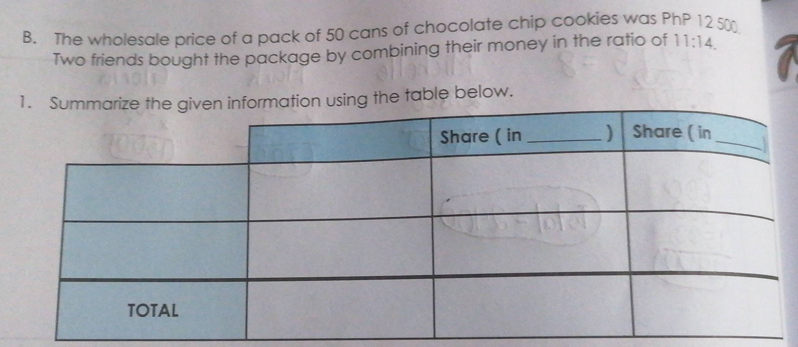 The wholesale price of a pack of 50 cans of chocolate chip cookies was PhP 12 500
Two friends bought the package by combining their money in the ratio of 11:14. 
ing the table below.