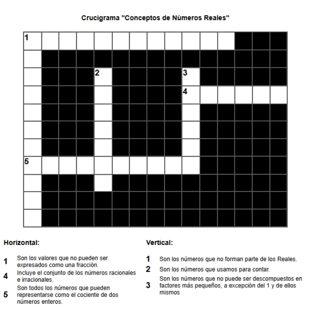 Crucigrama ''Conceptos de Números Reales''
Horizontal: Vertical:
Son los valores que no pueden ser 1 Son los números que no forman parte de los Reales.
1 expresados como una fracción.
Incluye el conjunto de los números racionales 2 Son los números que usamos para contar.
4 e irracionales. Son los números que no puede ser descompuestos en
Son todos los números que pueden 3 factores más pequeños, a excepción del 1 y de ellos
5 representarse como el cociente de dos mismos
números enteros.