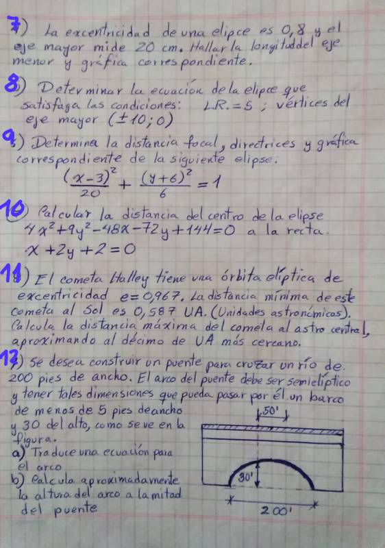 ) La excenticidad deona eliece es 0, 8 gel 
ee mayor mide 20 cm. Hallar la longifoddel eye 
menor y grifica correspondiente. 
⑧ Determinar la ecuacion dela elipce gve 
satisfaga las condiciones: LR.=5; vertices del 
ege mayor (± 10;0)
⑧) Determing la distancia focal, directrices ygrafica 
correspondiente de la siguiente elipse.
frac (x-3)^220+frac (y+6)^26=1
( Palcular la distancia delcentro dela eliese
4x^2+9y^2-48x-72y+144=0 a la recta.
x+2y+2=0
() EI cometa Halley tiene vaa orbita diptica de 
excentricidad e=0.967 La distancia mínima deest 
cometa al Sol es 0, 587 UA. (Unidedes astroncmicas). 
Calcola la distancia maxima delcomela al astro central, 
aproximando al decime de UA mas cercano. 
1) se desea construir on poente para croar on rio de
200 pies de ancho. El arco del pvente debe ser semieliptico 
gtener tales dimensiones gue pueda pasar por el on barco 
de menos de 5 pies deancho
1.50^1
y 30 del alto, como seve en b 
figura. 
a) Traduce una ecvacion para 
el arco 
b) ealculo aproximadamente 30'
ta alturadel arco a lamitad * 
del puente. 2001