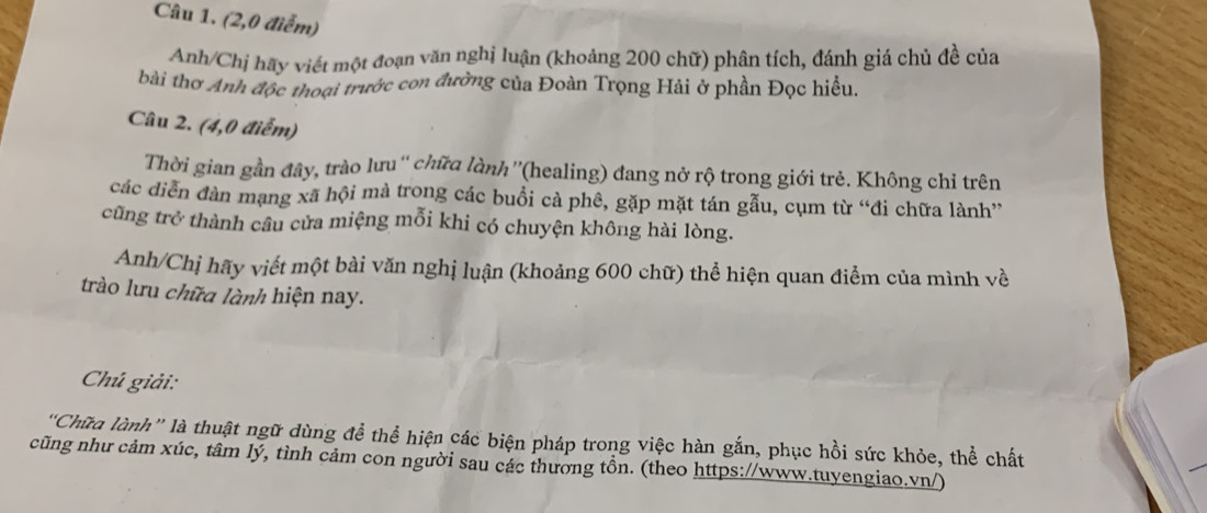 (2,0 điểm) 
Anh/Chị hãy viết một đoạn văn nghị luận (khoảng 200 chữ) phân tích, đánh giá chủ đề của 
bài thơ Anh độc thoại trước con đường của Đoàn Trọng Hải ở phần Đọc hiểu, 
Câu 2. (4,0 điểm) 
Thời gian gần đây, trào lưu'' chữa lành ''(healing) đang nở rộ trong giới trẻ. Không chỉ trên 
các diễn đàn mạng xã hội mà trong các buổi cà phê, gặp mặt tán gẫu, cụm từ “đi chữa lành” 
cũng trở thành câu cửa miệng mỗi khi có chuyện không hài lòng. 
Anh/Chị hãy viết một bài văn nghị luận (khoảng 600 chữ) thể hiện quan điểm của mình về 
trào lưu chữa lành hiện nay. 
Chú giải: 
''Chữa lành'' là thuật ngữ dùng để thể hiện các biện pháp trong việc hàn gắn, phục hồi sức khỏe, thể chất 
cũng như cảm xúc, tâm lý, tình cảm con người sau các thường tồn. (theo https://www.tuyengiao.vn/)