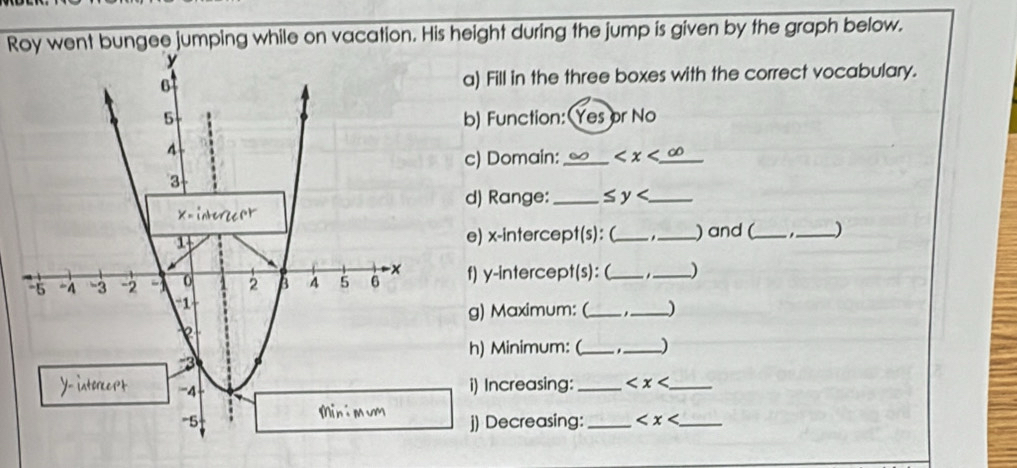 Roy went bungee jumping while on vacation. His height during the jump is given by the graph below. 
) Fill in the three boxes with the correct vocabulary. 
) Function: Yes or No 
) Domain: _
) Range:_ ≤ y _ 
) x-intercept(s): (_ . _) and ( __J 
) y-intercept(s): (_ _) 
) Maximum: (_ _ 
) Minimum: (_ ._ ) 
) Increasing:_ _ 
) Decreasing:_ _