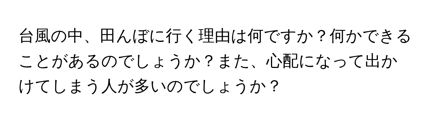 台風の中、田んぼに行く理由は何ですか？何かできることがあるのでしょうか？また、心配になって出かけてしまう人が多いのでしょうか？