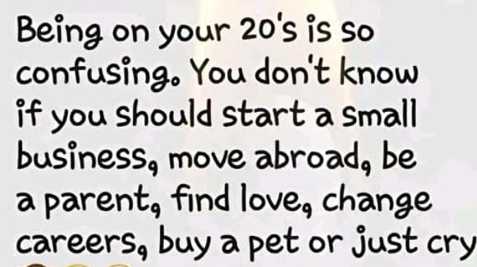 Being on your 20 's is so 
confusing. You don't know 
if you should start a small 
business, move abroad, be 
a parent, find love, change 
careers, buy a pet or just cry