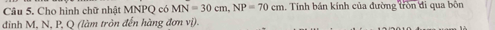 Cho hình chữ nhật MNPQ có MN=30cm, NP=70cm. Tính bán kính của đường tròn đi qua bôn 
đình M, N, P, Q (làm tròn đến hàng đơn vị).