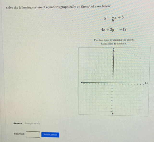 Solve the following system of equations graphically on the set of axes below.
y= 1/6 x+5
4x+3y=-12
Plot two lines by clicking the graph.
Click a line to delete it.
Answer Attempt 1 out of 2
Solution: x_1+x_2= □ /□   Submit Answer