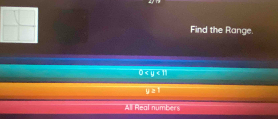 Find the Range.
0
y≥ 1
All Real numbers