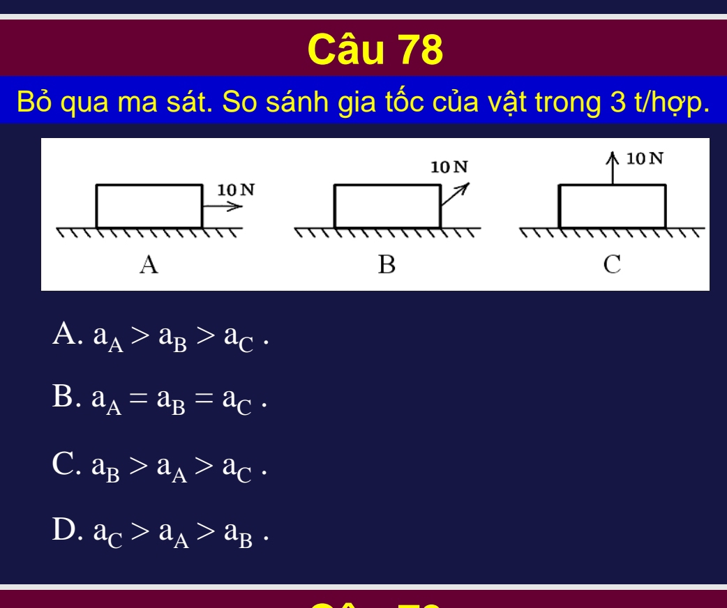 Bỏ qua ma sát. So sánh gia tốc của vật trong 3 t/hợp.
10N
10 N
A
B
C
A. a_A>a_B>a_C.
B. a_A=a_B=a_C.
C. a_B>a_A>a_C.
D. a_C>a_A>a_B.