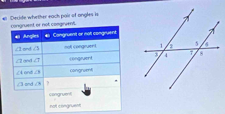 Decide whether each pair of angles is
gruent.