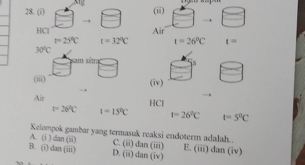 Mỹ
28. (i) (i
HCl Ai
t=25°C t=32°C
t=26^0C t=
30°C
sam sitra
(iii)
(iv)
Air
HCl
t=26°C t=15^0C
t=26°C t=5°C
Kelompok gambar yang termasuk reaksi endoterm adalah..
A. (i ) dan (ii) C. (ii) dan (iii) E. (iii) dan (iv)
B. (i) dan (iii) D. (ii) dan (iv)