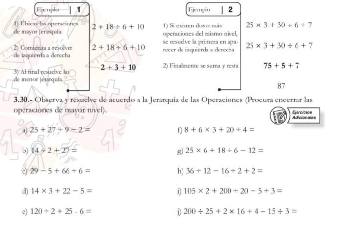 Ejemplo 1 Ejemplo 2 
1) Ubicas las operaciones 2+18/ 6+10 1) Si existen dos o más 25* 3+30/ 6+7
de mayor jerarquía. operaciones del mismo nivel, 
se resuelve la primera en apa- 
2) Comienza a resolver 2+18/ 6+10 recer de izquierda a derecha 25* 3+30/ 6+7
de izquierda a derecha 
3) Al final resuelve las 2+3+10 2) Finalmente se suma y resta 75+5+7
de menor jerarquía. 
87 
3.30.- Observa y resuelve de acuerdo a la Jerarquía de las Operaciones (Procura encerrar las 
operaciones de mayor nivel). Ejercícios 
Adicionales 
a) 25+27/ 9-2= f) 8+6* 3+20/ 4=
b) 14/ 2+27= g) 25* 6+18/ 6-12=
c) 29-5+66/ 6= h) 36/ 12-16/ 2+2=
d) 14* 3+22-5= i) 105* 2+200/ 20-5/ 3=
i) 
e) 120/ 2+25-6= 200/ 25+2* 16+4-15/ 3=