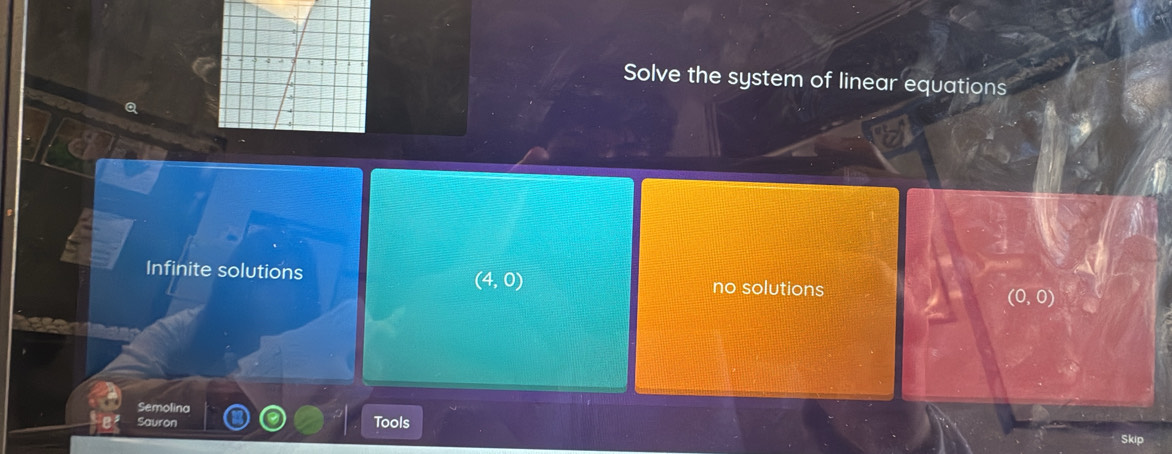 Solve the system of linear equations
(4,0)
Infinite solutions no solutions (0,0)
Semolina
Sauron Tools
Skip