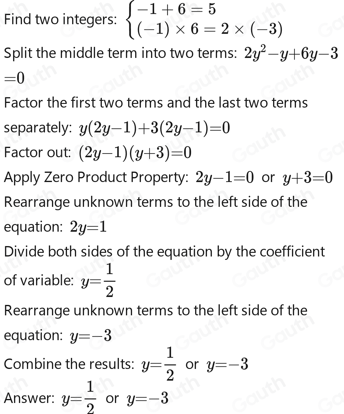 Solved: Selve tho Ronwing Equaller by competing square Method 2y^2+5y-3 ...