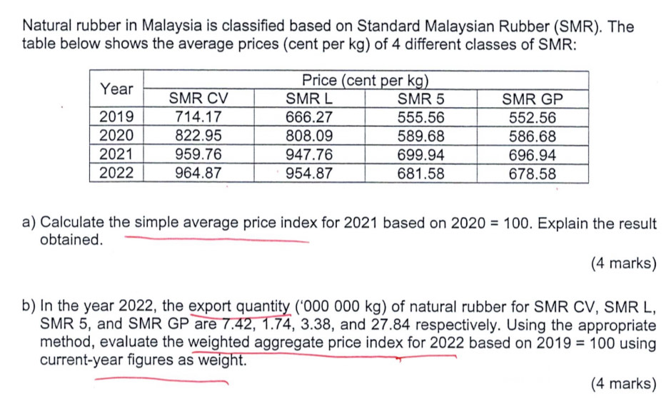 Natural rubber in Malaysia is classified based on Standard Malaysian Rubber (SMR). The 
table below shows the average prices (cent per kg) of 4 different classes of SMR: 
a) Calculate the simple average price index for 2021 based on 2020=100. Explain the result 
obtained. 
(4 marks) 
b) In the year 2022, the export quantity (‘000 000 kg) of natural rubber for SMR CV, SMR L,
SMR 5, and SMR GP are 7.42, 1.74, 3.38, and 27.84 respectively. Using the appropriate 
method, evaluate the weighted aggregate price index for 2022 based on 2019=100 using 
current-year figures as weight. 
(4 marks)