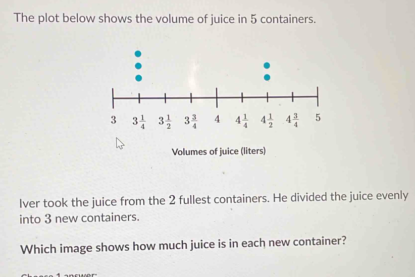 Solved: The plot below shows the volume of juice in 5 containers ...