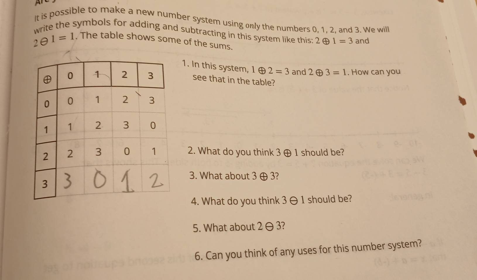 rc 
It is possible to make a new number system using only the numbers 0, 1, 2, and 3. We will 
write the symbols for adding and subtracting in this system like this: 2oplus 1=3 and
2θ 1=1. The table shows some of the sums. 
1. In this system, 1oplus 2=3 and 2oplus 3=1. How can you 
see that in the table? 
2. What do you think 3 ⊕ 1 should be? 
3. What about 3 ⊕ 3? 
4. What do you think 3 θ 1 should be? 
5. What about 2 3? 
6. Can you think of any uses for this number system?