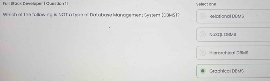 Full Stack Developer | Question 11 Select one
Which of the following is NOT a type of Database Management System (DBMS)? Relational DBMS
NoSQL DBMS
Hierarchical DBMS
Graphical DBMS