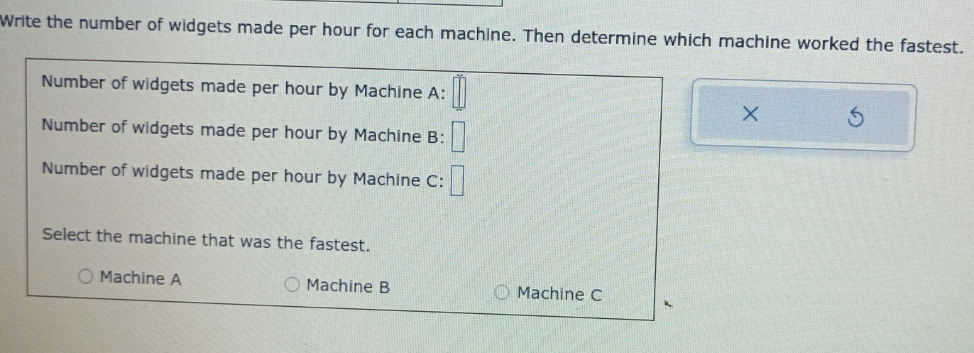 Write the number of widgets made per hour for each machine. Then determine which machine worked the fastest.
Number of widgets made per hour by Machine A:
×
Number of widgets made per hour by Machine B:
Number of widgets made per hour by Machine C: □ 
Select the machine that was the fastest.
Machine A Machine B Machine C