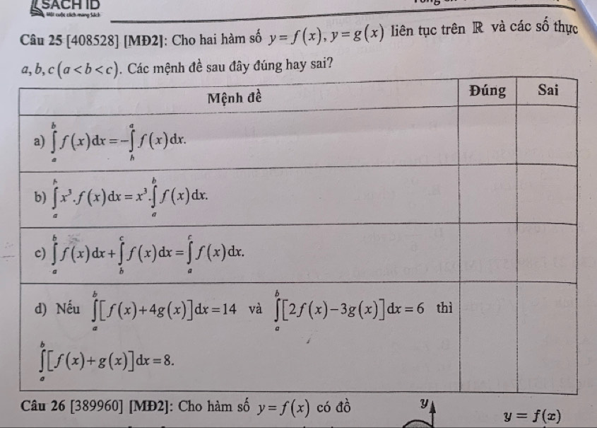 SACHID
Môi cuộc cáích mang Sách
Câu 25 [408528] [MĐ2]: Cho hai hàm số y=f(x),y=g(x) liên tục trên R và các số thực
đề sau đây đúng hay sai?
Câu 26 [389960] [MĐ2]: Cho hàm số y=f(x) có dhat o
y=f(x)