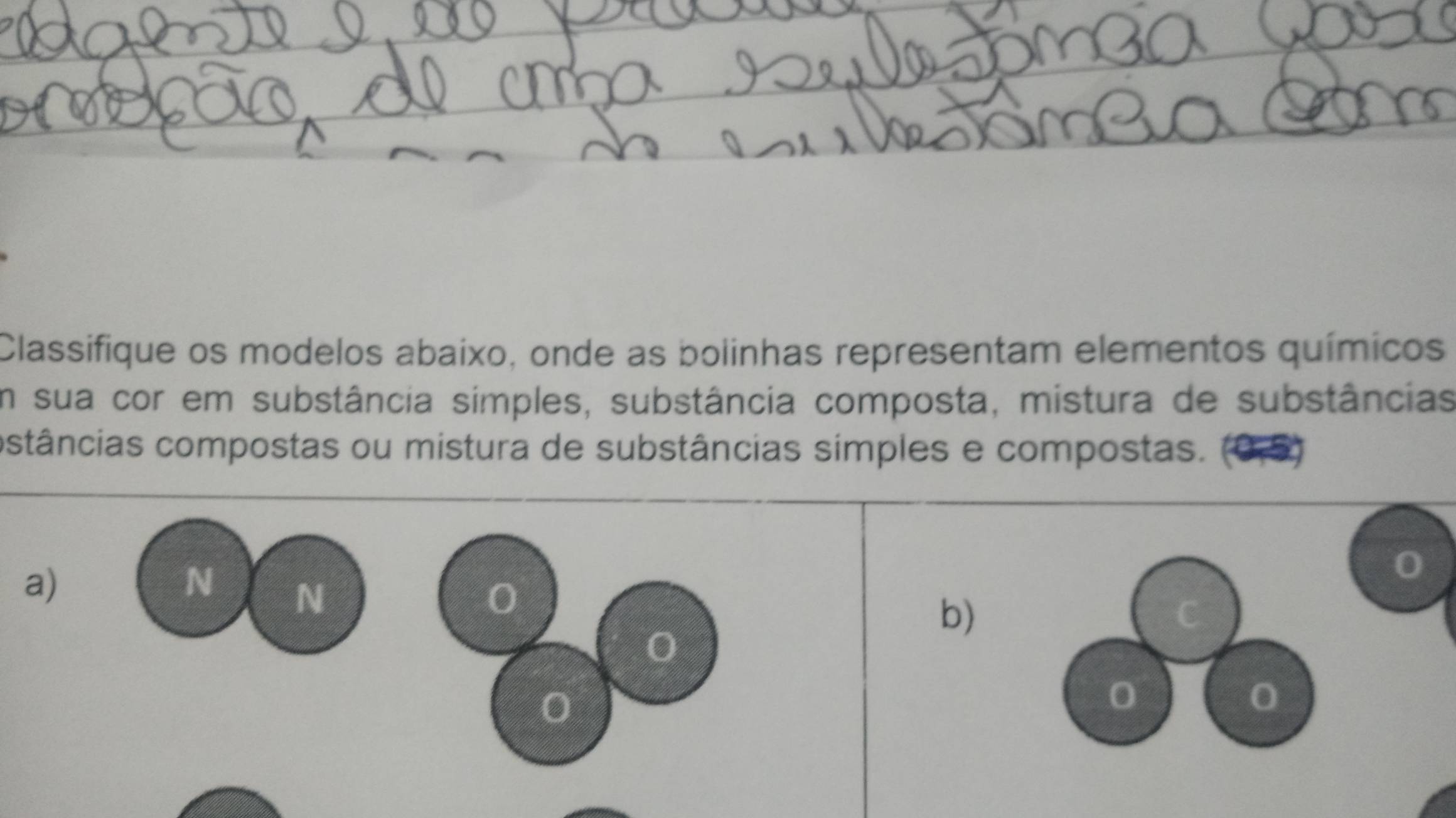 Classifique os modelos abaixo, onde as bolinhas representam elementos químicos 
Em sua cor em substância simples, substância composta, mistura de substâncias 
ostâncias compostas ou mistura de substâncias simples e compostas. (0,5)
a)
0
b)