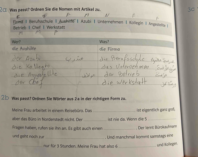 ②¤ Was passt? Ordnen Sie die Nomen mit Artikel zu. 
3C 
A F 
F 
Firma | Berufsschule | Aushilfe | Azubi | Unternehmen | Kollegin | Angestellte | 
Betrieb I Chef I Werkstatt 
Wer? Was? 
die Aushilfe die Firma
2b Was passt? Ordnen Sie Wörter aus 2a in der richtigen Form zu. 
Meine Frau arbeitet in einem Reisebüro. Das _ist eigentlich ganz groß, 
aber das Büro in Norderstedt nicht. Der _ist nie da. Wenn die 5 _ 
Fragen haben, rufen sie ihn an. Es gibt auch einen _. Der Iernt Bürokaufmann 
und geht noch zur _. Und manchmal kommt samstags eine 
_nur für 3 Stunden. Meine Frau hat also 6 _ 
und Kollegen.