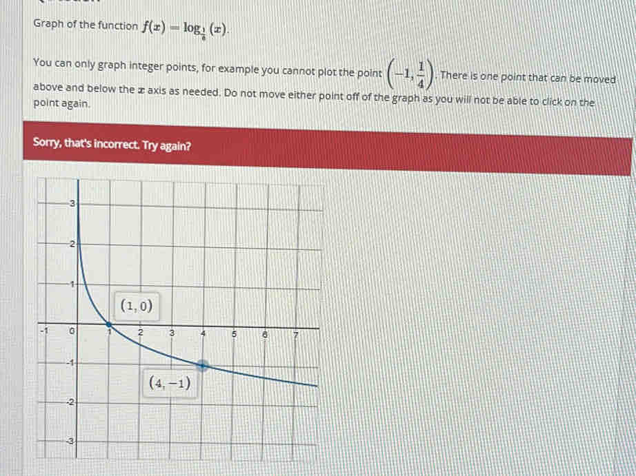 Graph of the function f(x)=log _ 1/6 (x).
You can only graph integer points, for example you cannot plot the point (-1, 1/4 ). There is one point that can be moved
above and below the æaxis as needed. Do not move either point off of the graph as you will not be able to click on the
point again.
Sorry, that's incorrect. Try again?